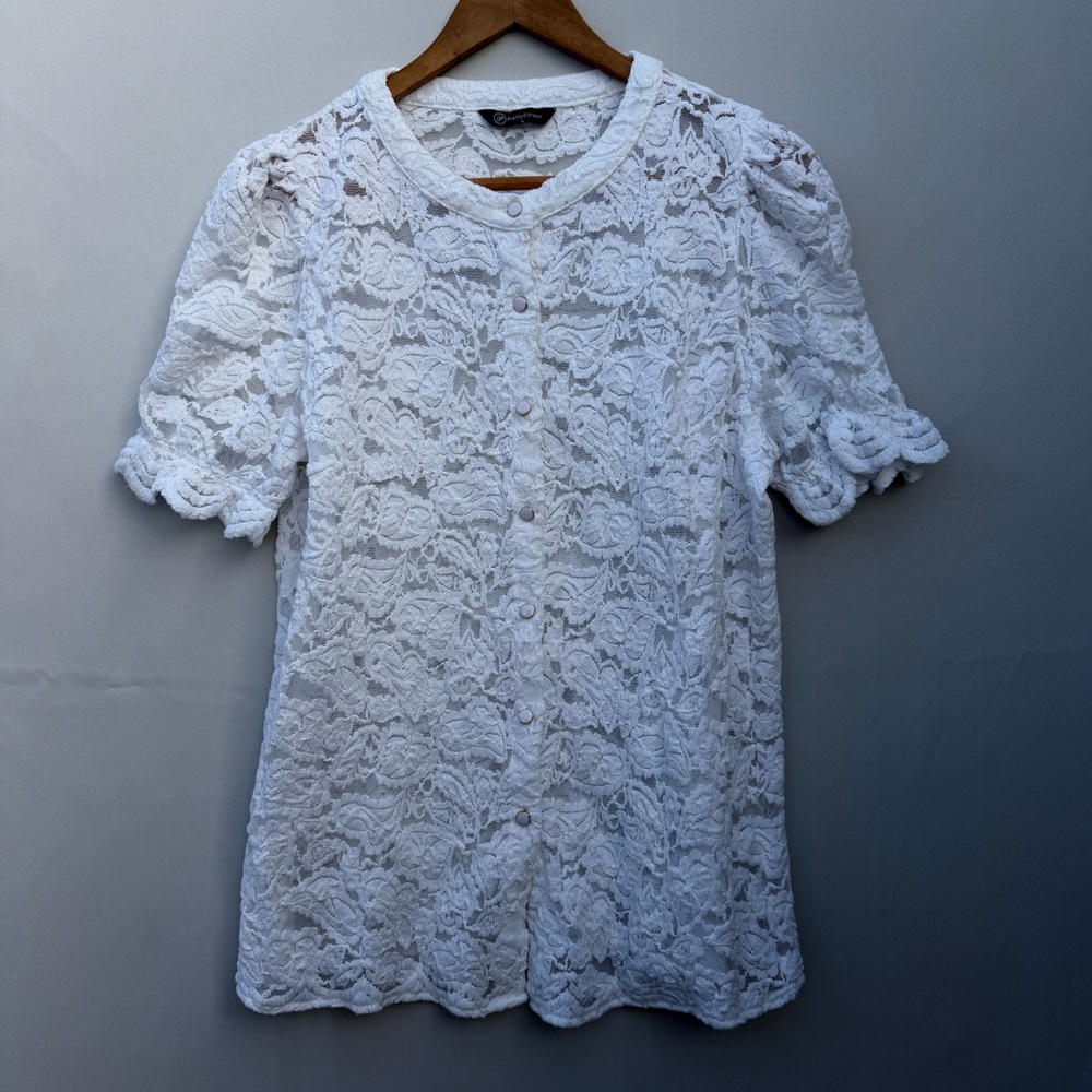 PrettyGarden Vintage-Inspired Romantic White Lace Button-Up Blouse SZ Large